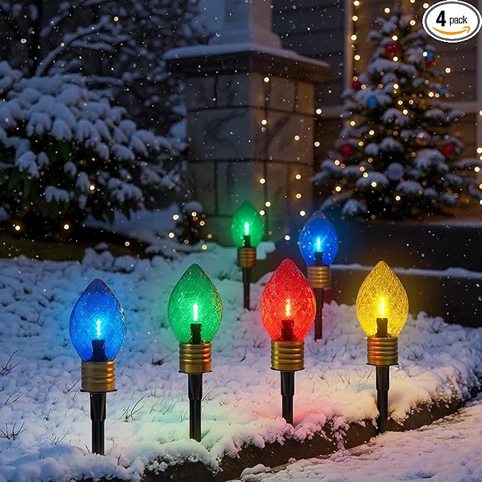 Jumbo C9 Christmas Pathway Lights Outdoor,7FT Jumbo Christmas Lights with Pathway Marker Stakes and 4 LED Diamond Pattern Multicolor Bulb for Holiday Outside Yard Garden Decor,4 Lights