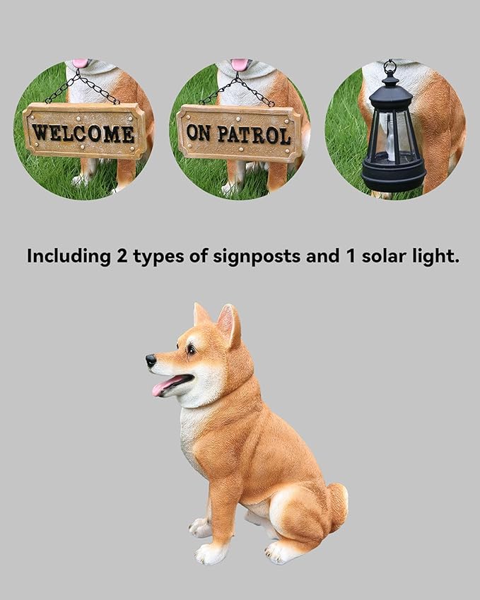 Zen-Porch Akita Accent with Solar Lantern and Double-Sided Sign, Sitting Brown & White Japanese Akita Statue for Steps, Balcony & Entryway