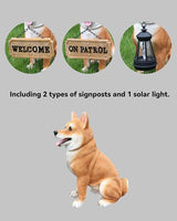 Zen-Porch Akita Accent with Solar Lantern and Double-Sided Sign, Sitting Brown & White Japanese Akita Statue for Steps, Balcony & Entryway