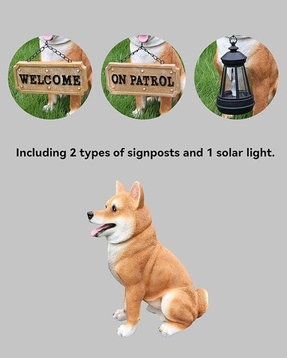 Zen-Porch Akita Accent with Solar Lantern and Double-Sided Sign, Sitting Brown & White Japanese Akita Statue for Steps, Balcony & Entryway