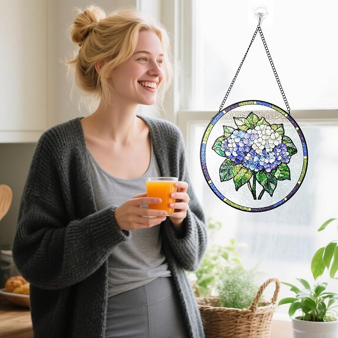 Stained Glass Suncatchers Window Hanging, Hydrangea Sun Catchers Indoor Window Stained Glass Hanging Garden Decor, Birthday Gifts for Mom Grandma Aunt Sister Bestie 7.8 in