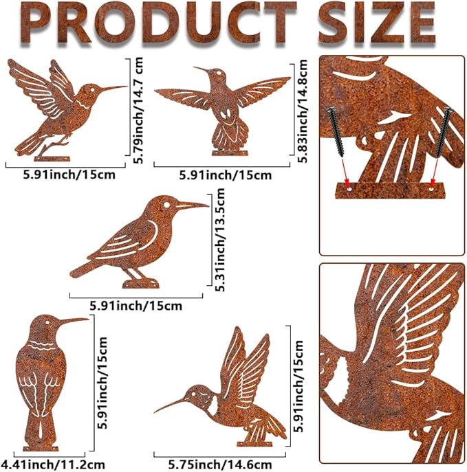 5Pcs Metal Birds Yard Decor for Wall Fence Rusty Garden Art Hummingbirds Pattern Durable Iron Yard Sculptures for Farmhouse Outdoor Pathway Patio Lawn Ornaments Ground Insert Decorations
