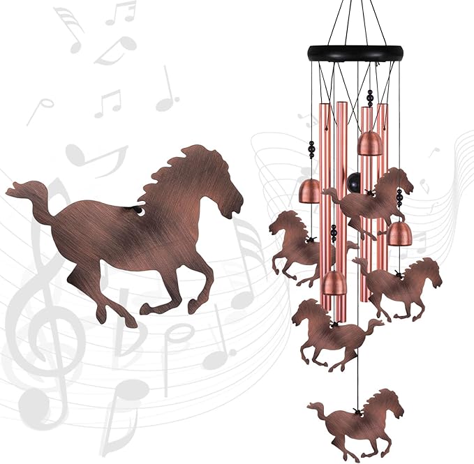 Red Copper Horse Wind Chimes - 4 Tube, 5 Horse Wind Catcher for Home, Garden, Patio, Balconies, Indoor Decoration