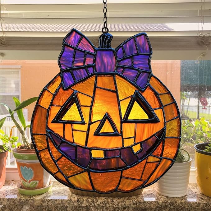 Jack-o'-Lantern Purple Tie Acrylic Suncatcher Stained Glass Effect Window Car Hanging Christmas Ornament Indoor Outdoor Decor Garden Sun Catcher Panel for Halloween Lover for Women Mom Grandma