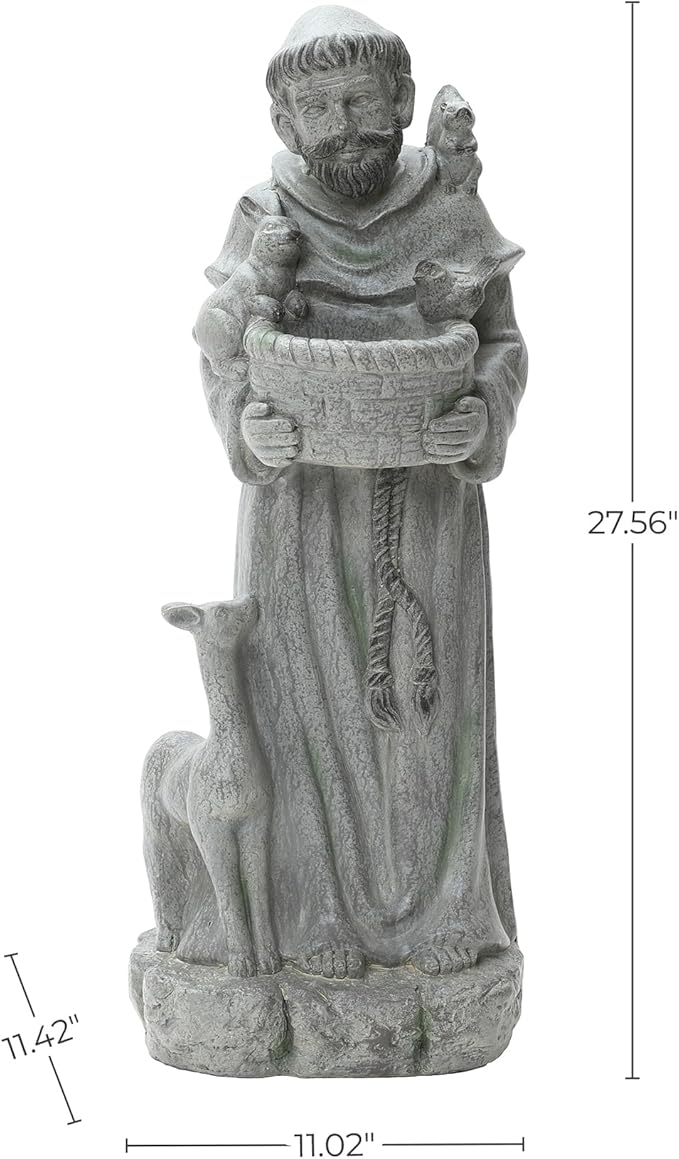 LuxenHome Outdoor St. Francis Statues, 27.6" Saint Francis of Assisi MgO Garden Statue with Animal & Birdbath Bowl, Religious Statues for Patio Yard Home Decor, Outdoor Garden Sculptures
