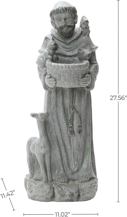 LuxenHome Outdoor St. Francis Statues, 27.6" Saint Francis of Assisi MgO Garden Statue with Animal & Birdbath Bowl, Religious Statues for Patio Yard Home Decor, Outdoor Garden Sculptures
