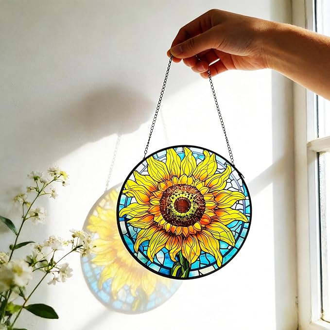 Sunflower Decor Suncatcher Stained Glass Window Hanging 7.87” Handmade Garden Suncatchers for Windows Hanging - Sun Catchers Wall Art Glass Panel Gifts for Mother's Day Christmas Birthday ﻿