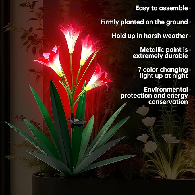 Homight Solar Metal Agave Lily Flower Garden Sculpture with LED Lights 30.3 Inch Waterproof Outdoor/Indoor Yard Decor Handmade Lawn Ornament Gift for Family Friends (3, Grass Green)