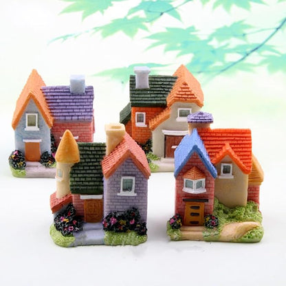 Resin Miniature House 4PCS Miniature House Fairy Gardening Micro Landscape Village Stone House Bonsai Terrarium Crafts Ornaments Accessories Home Decoration (B)