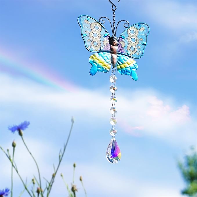 Set 2 Metal Butterfly Suncatchers for Windows - 14" Outdoor Fence Wall Art Decor, Rainbow Prisms Sun Catchers with Crystals Hanging for Home Garden Ornament for Christmas Tree