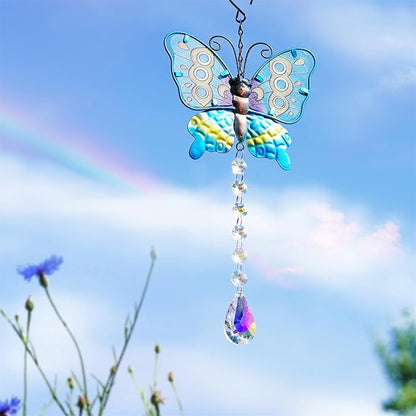 Set 2 Metal Butterfly Suncatchers for Windows - 14" Outdoor Fence Wall Art Decor, Rainbow Prisms Sun Catchers with Crystals Hanging for Home Garden Ornament for Christmas Tree