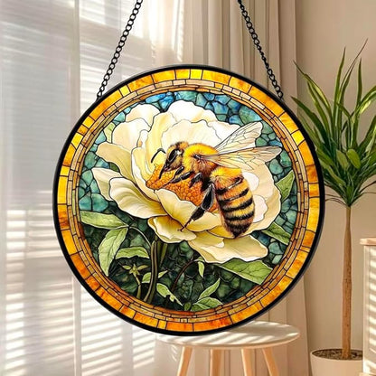 Funoasis Stained Glass Window Hanging 6.3 Inches Suncatcher - A Bee is Collecting Nectar from A Large White Flower Ornaments Sun Catcher Home Decor Women Birthday