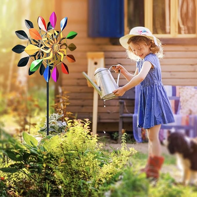 63 Inch Kinetic Wind Spinners with Garden Stake, Rainbow Metal Windmill Decorations, 360 Swivel Outdoor Wind Sculpture, Dual Direction Colorful Wind Catcher for Yard Art, Lawn, Garden Decor, Gifts