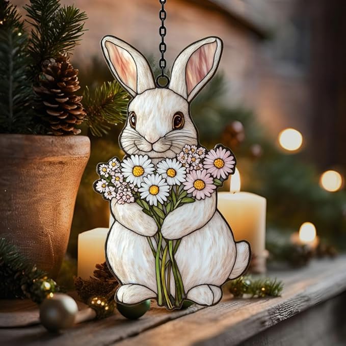 Whimsical Pastel Floral Bunny Mosaic Acrylic Suncatcher Stained Glass Effect Window Car Hanging Christmas Ornament Indoor Outdoor Decor Garden Sun Catcher Panel for Easter Lover for Women Mom Grandma