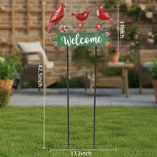 42.5inch Cardinal Garden Stake with Welcome Yard Sign and Metal Flowers for Outdoor Garden Decor, Cardinal Yard Decor for Outdoor Lawn Ornaments