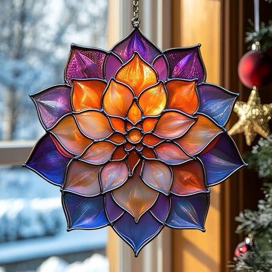 Mosaic Effect Dahlia Starburst Acrylic Suncatcher Stained Glass Effect Window Car Hanging Christmas Ornament Indoor Outdoor Decor Garden Sun Catcher Panel for Floral Lover for Women Mom Grandma