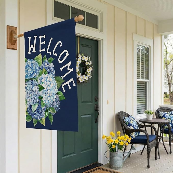 CROWNED BEAUTY Spring House Flag Hydrangea Welcome Double Sided 28x40 Inches Large Burlap Welcome Holiday Seasonal Yard Decoration for Outside Porch