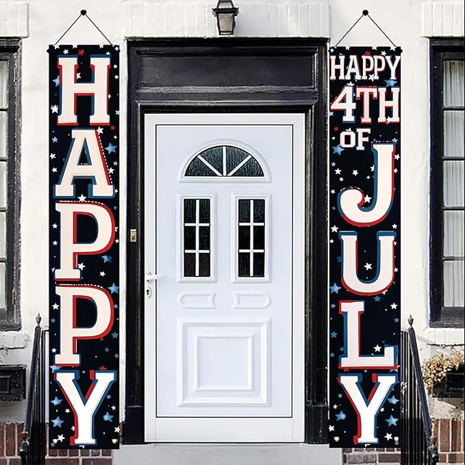4th of July Porch Banners 71x12 Inch Patriotic Independence Day Decorations Red White Blue Hanging Door Signs American Flag Stars Stripes Outdoor Home Decor Memorial Day Party Supplies