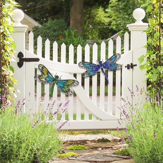 HONGLAND 2Pcs Metal Dragonfly Wall Decor Outdoor Dragonfly Wall Art Glass Sculpture for Home Garden Fence-Blue&Green