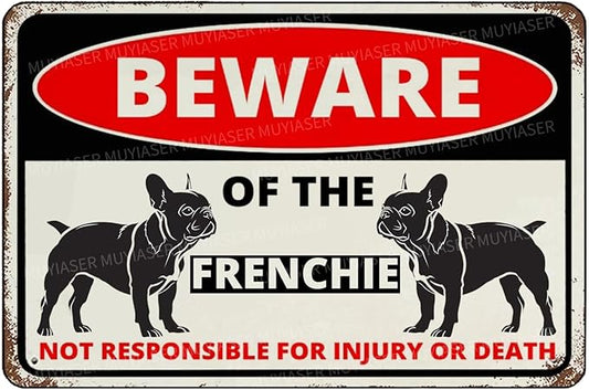 Beware Of The Dog Frenchie Sign Aluminum Metal Tin Signs Outdoor Yard Sign Warning Sign For Fence Yard Home Kitchen Farm Garden Wall Decor 8x12 Inch