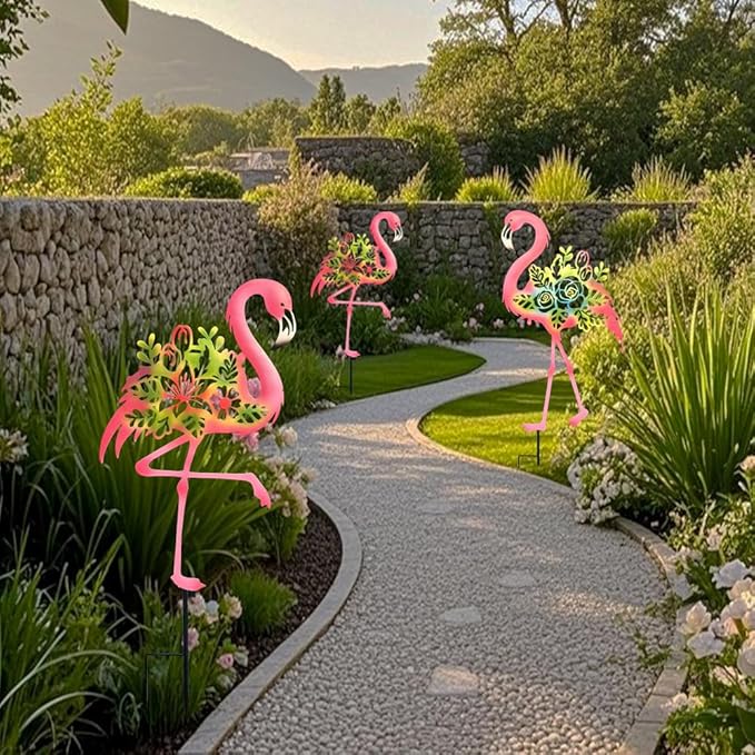 Pink Flamingo Garden Statue - 20.5 inch Hand Flamingo Painted Metal Patio Art, Outdoor Decorative Stake Flamingo Statue for Lawn, Patio, Porch and Backyard, Gifts for Ladies (B Style 2 Pack)