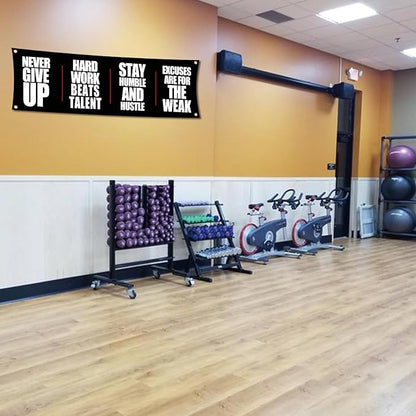 Motivational Gym Flag Banner - Never Give Up - 72x24 Inches Home & Garage Gym Wall Decor with 4 Brass Grommets for Easy Hanging