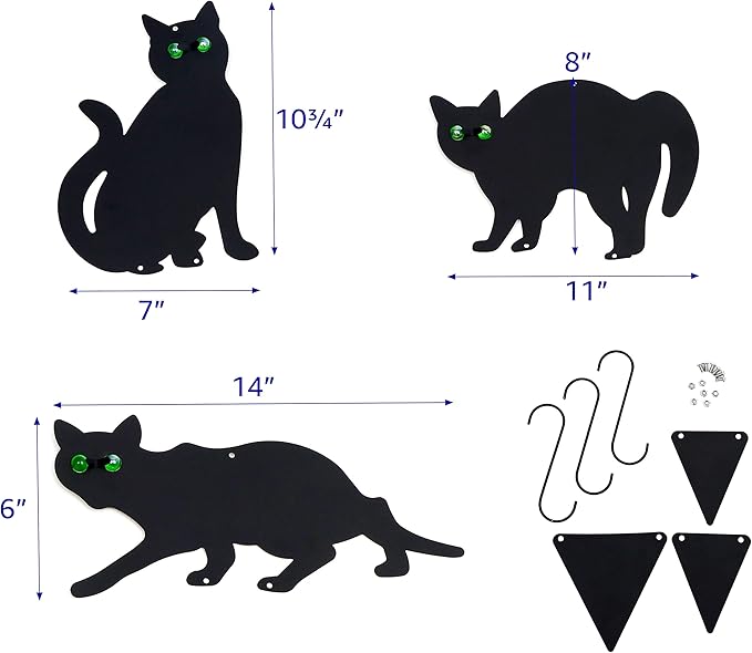Pet Fit For Life Decorative Black Metal Cats for Outdoor Garden and Yard - Iron Silhouettes with Reflective Green Eyes - Set of 3 with Stakes and Hangers