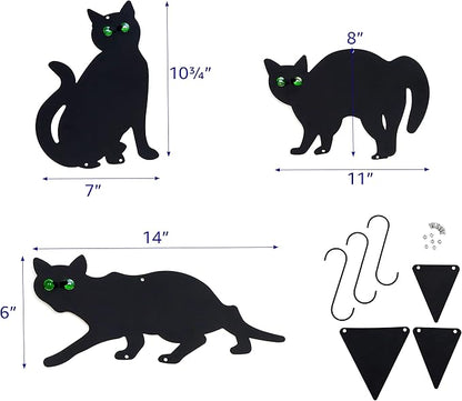 Pet Fit For Life Decorative Black Metal Cats for Outdoor Garden and Yard - Iron Silhouettes with Reflective Green Eyes - Set of 3 with Stakes and Hangers