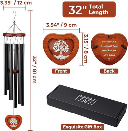 32" Wind Chimes for Outside with Heart Photo Holder, Aluminium Sympathy Wind Chimes Suitable for Outdoor, Garden, Patio Decoration, Sympathy Chime for Loss of Loved One, Friend, Pet Memorial - Black