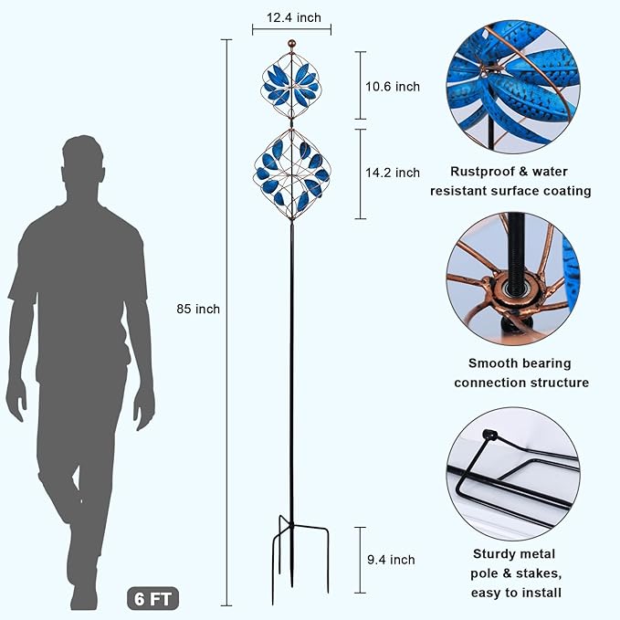 hogardeck Large Wind Spinner Outdoor, 85" Metal Kinetic Wind Spinner with Heavy-Duty Stakes, 360° Rotating Double-Layer Retro Yard Art for Home Outside Garden Lawn Backyard Patio Decor (Blue, Bronze)