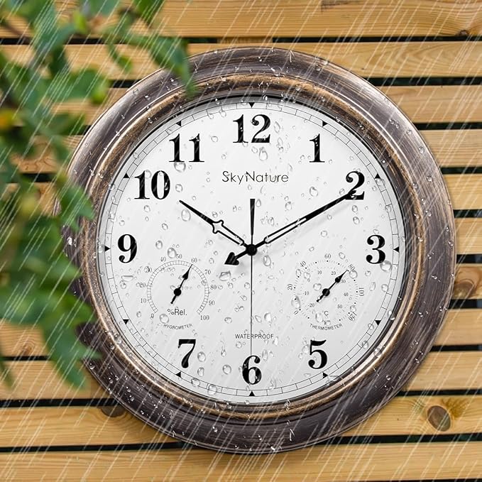 Outdoor Clocks Waterproof, 18 in Large Outdoor Clock for Patio w/Thermometer Hygrometer, Silent Battery Operated Decorative Vintage Outdise / Indoor Wall Clock for Living Room/Bathroom/Pool, Bronze