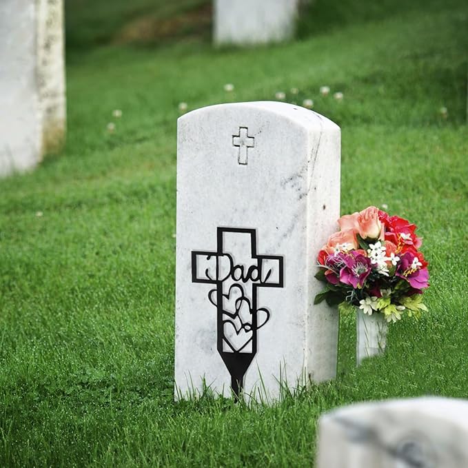 Stake Grave Decorations, Metal Cross Grave Marker Signs for Father Dad Mom Cemetery, 12x6", for Daddy Cemetery Garden, Lawn, Wall Outdoor, and Decorative Gravesite Easter Memorial Day (Black, 1PC)