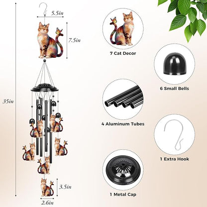 YHmall Cat Gifts for Women, 35 in Wind Chimes for Outside Mothers Day Gardening Gifts for Mom Colorful Metal Memorial Wind Chime Cat Decor for Home Yard Patio Garden Outdoor