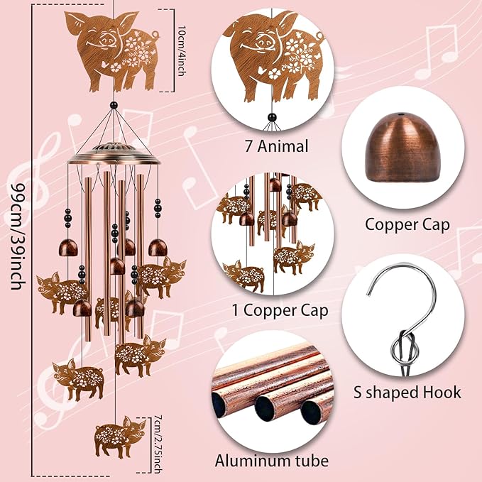 Pig Gifts for Women - Pig Wind Chimes for Outside, Mom Grandma Sister Christmas Mother's Day Birthday Houswarming Gifts, Memorial Symapathy Wind Chimes for Outdoor Garden Yard Patio Decor