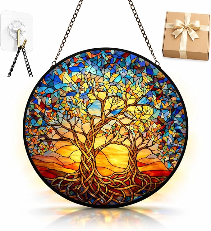 Celtic Tree of Life Suncatcher Window Hanging, 7.8" Stained Glass Decor, Symbolic Gift for Family and Loved Ones, Home Decor for Window, Wall, Living Room, Sunroom and Garden