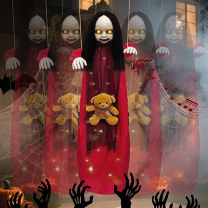 Outdoor Hanging Swinging Girl Halloween Decorations,Lighted Creepy Doll Halloween Dolls Scary Props for Garden Yard Lawn and Haunted House Decorations