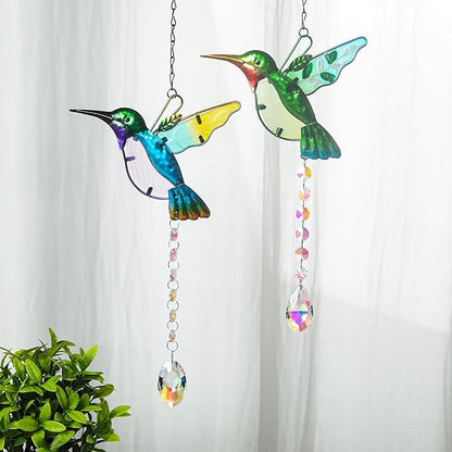 Hummingbird with Crystal Sun Catcher,Stained Glass Bird Suncatchers for Windows Hanging,Crystal Suncatcher Prism Hanging Ornament for Home Garden Party Decoration(Blue)