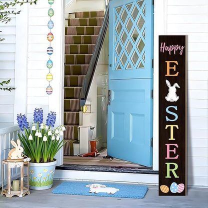 Easter Porch Sign Bunny Rabbit Welcome Sign Vertical Standing Sign For Front Porch Decor Farmhouse Wall Hanging for Patio Yard Party Indoor Outdoor Holiday Decoration 47.2"H Black