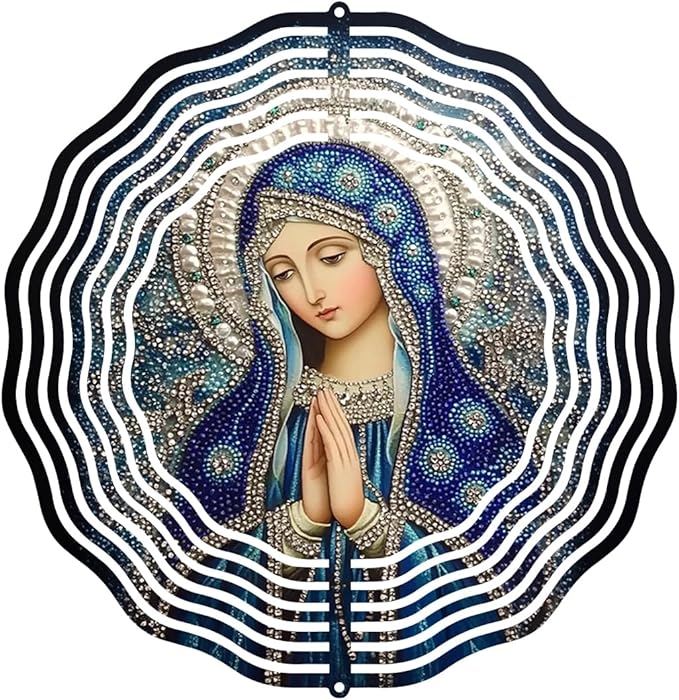 Virgin Mary Prayer Wind Spinner, Metal Wind Spinners Outdoor Indoor, Religious Virgin Mary Hanging Garden Decor for Outside, Stainless Wind Spinners for Yard and Garden 10 inch 3D (25.76X25 CM)
