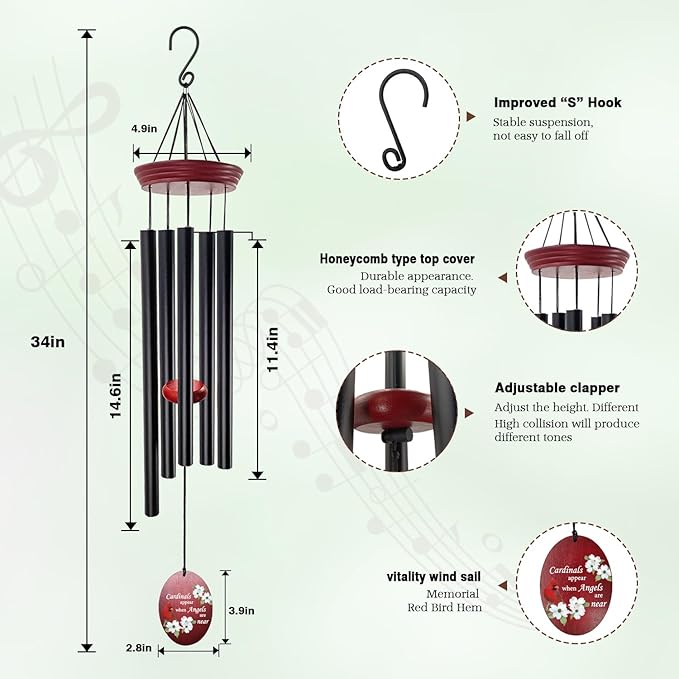 Windchime Cardinal Memorial Wind Chimes –Tuned Sympathy Wind Chime with “Cardinals Appear When Angels are Near” Saying, Red Bird Wind Sail, Outdoor Garden Gift for Loss of Loved One, Mom, Grandma