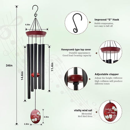 Windchime Cardinal Memorial Wind Chimes –Tuned Sympathy Wind Chime with “Cardinals Appear When Angels are Near” Saying, Red Bird Wind Sail, Outdoor Garden Gift for Loss of Loved One, Mom, Grandma