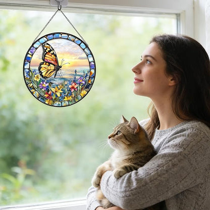7.87" Butterfly Stained Glass Window Hanging, Sun Catcher with Metal Chain and Hook, Butterfly Ornaments Gifts for Women Men, Christmas Home Decorations Floral Themed Housewarming Gifts