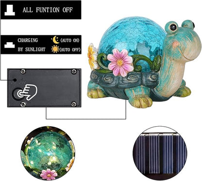 Afirst Solar Garden Statues Outdoor Figurines - Turtle Lawn Ornament with Solar Lights Cracked Glass Outdoor Decor for Patio Yard Decorations