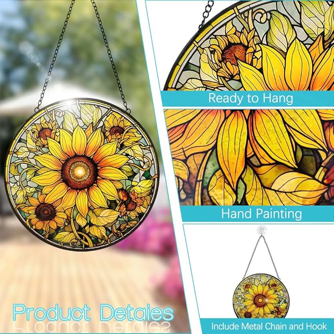 Sunflower Decor Suncatcher Stained Glass Window Hanging - 8” Handmade Suncatchers for Windows Hanging - Sun Catchers Wall Home Garden Decor Glass Panels - Mothers Day Birthday Gifts for Mom Grandma