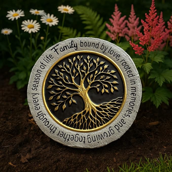 VEOJEIN Family Tree Garden Stepping Stone, 9.45 Inch Round, Gold Tree of Life Design, Weather-Resistant Outdoor Decor