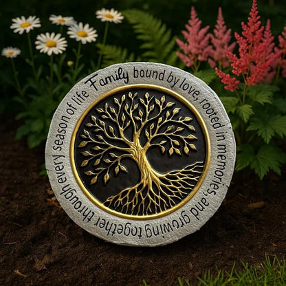VEOJEIN Family Tree Garden Stepping Stone, 9.45 Inch Round, Gold Tree of Life Design, Weather-Resistant Outdoor Decor