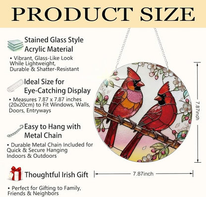 2 Cardinals Acrylic Suncatcher, Red Birds Suncatcher Wall Art, Hand-Painted Sun Catcher Garden Hangings, Decorative Hanging Suncatchers for Window Door Decoration, Memorial Gift