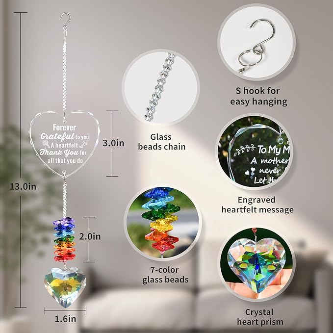Crystal Heart Suncatcher with Engraved Thank You Message, Window Hanging Crystal Prism Sun Catcher Rainbow Maker, Appreciation Gratitude Gifts for Women Men Teacher Nurse Coworker