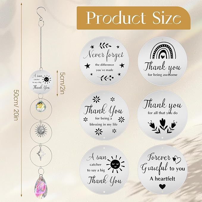 Briwooody 6 Pcs Thank You Gifts for Women Crystal Suncatcher Thank You with Engraved Message Hanging Sun Catcher Ornament for Windows Friend Family Teacher Coworkers Appreciation Gratitude Gift