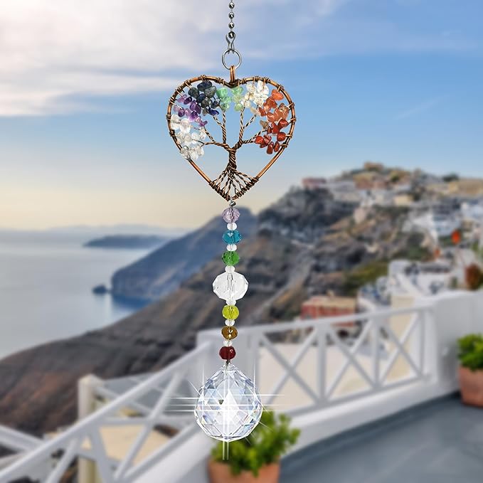 Window Hanging Suncatcher with Crystal, Tree of Life Suncatcher Garden Hanging Rainbow Maker Ornament (Tree of Life-Heart)